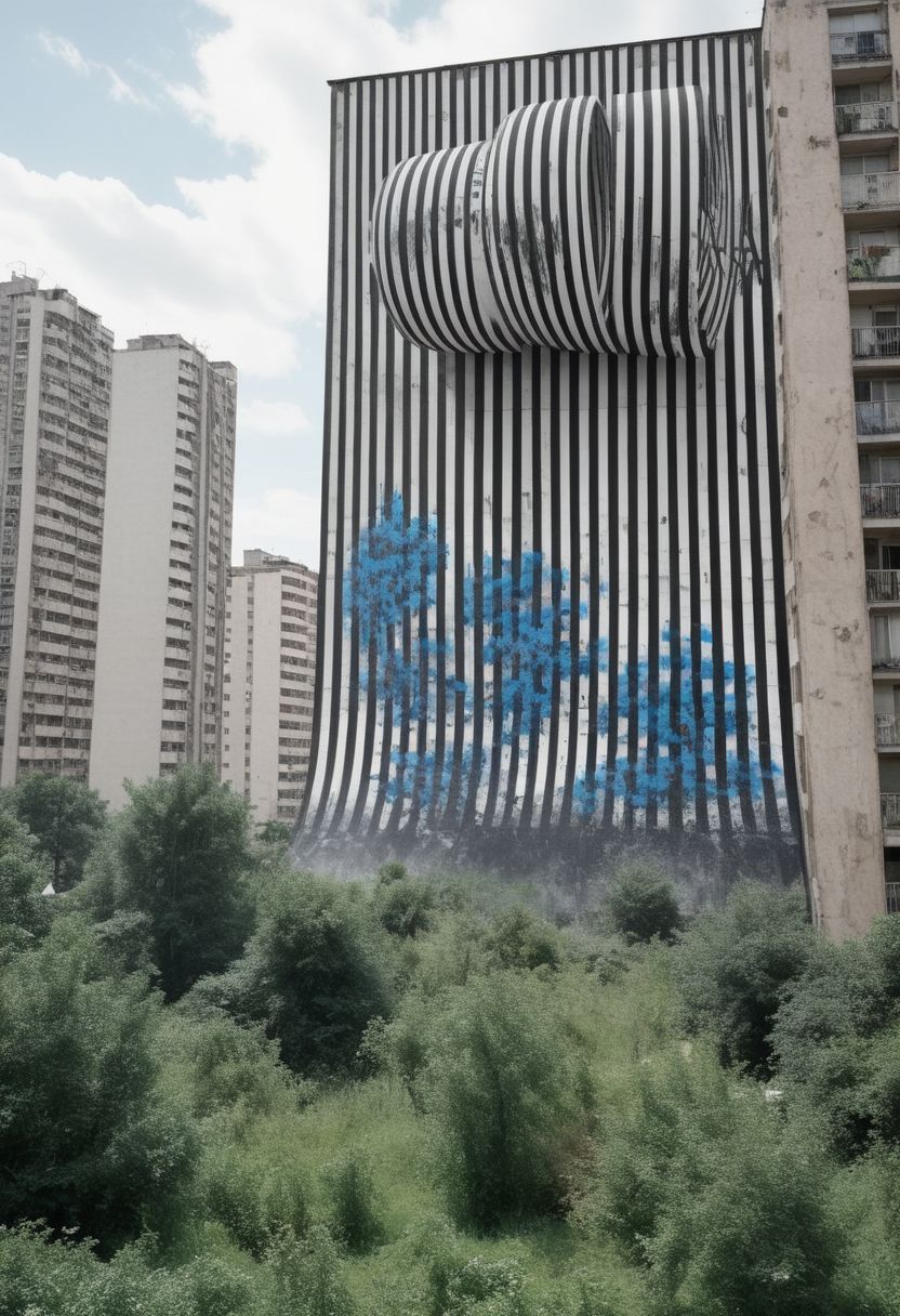 bw-grignani, emphasis lines, Capture the juxtaposition of a weathered high-rise wall transformed by a graffiti artist's vibrant fresco. From a horizontal depiction of an utopian, flourishing, harmonious society coexisting with nature, to a portrayal of a destructive, parasitic state where firepower and explosions have ushered in a dystopian reality. Show the transition from hope to chaos in this evolving urban landscape. seamlessly blends into the pattern of thick, perfectly aligned stripes, merging with the illusion of infinite lines.