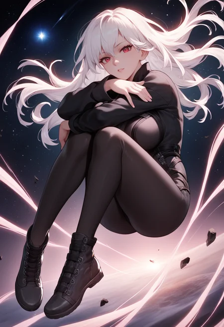 score_9, score_8_up, score_7_up, score_6_up, source_anime BREAK 1girl, solo, <lora:try-artist-richy-v1_pdxl:1> red eyes, black bodysuit, floating hair, darkness, dark, night sky, galaxy, space, nebula, looking at viewer, white hair, large breasts, floating, levitation, knees up, full body, glass, hugging own legs, science fiction, glowing, pink neon trim