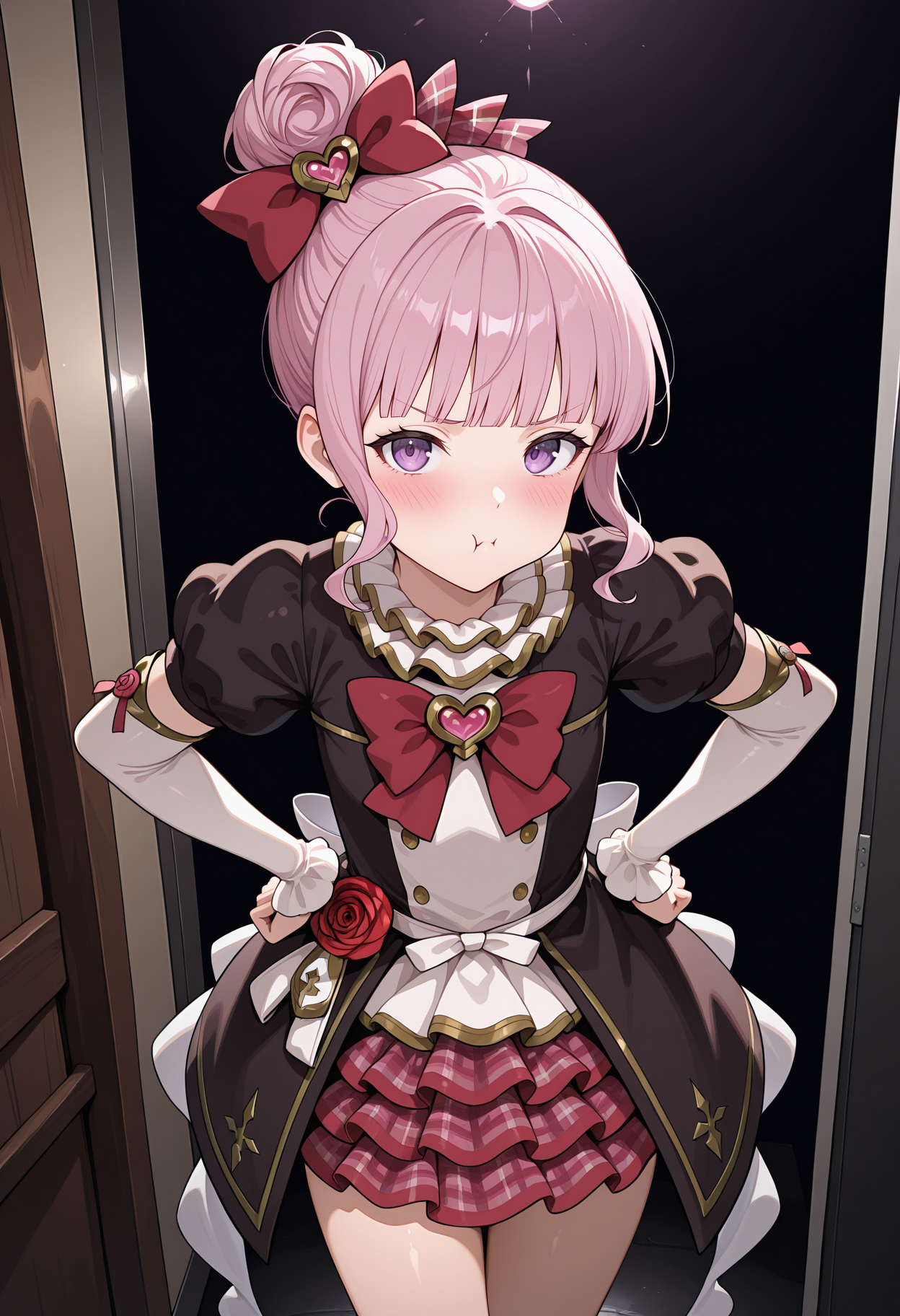 highres, best quality, masterpiece, backstage, 
1girl, solo, gbflinr, single hair bun, pink hair, sidelocks, purple eyes, flat chest, blunt bangs,
glinrdef, red bow, hair ornament, black dress, two-tone dress, frilled collar, red bowtie, heart brooch, puffy short sleeves, detached sleeves, white sleeves, layered sleeves, layered skirt, rose, plaid skirt, red skirt, thighs,
looking at viewer, blush, pout,
standing, hands on own hips, 
<lora:_linaria_gbf-elesico-ilxlA:1>