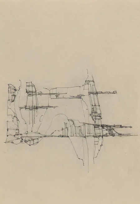 a professional hand sketch of architecture,
(POV view , DOF, first people view from the entrance, low angle shot:1.4),
(Ancient civilization, Alien Prometheus movie scene, dune movie scene:1.5), (The colonial city of the future, in the mist-filled Grand Canyon, on an unknown Earth-like planet, 2 moon on sky, Spaceship flight connects colonies, waterfulls:1.3), (Machu Picchu, a mountain settlement, incredibly spectacular:1.2), (Mario Botta:1.3), (avant-garde, future, reality, science fiction, photorealistic), (modern architecture:1.2), White limestone with black granite, fountain, waterfall, landmark, square, path, narrow street,
(Large Files, Ultra Realistic, 8K, 16k, FHD, HD, VFX, Perfect, Photography, composition, Architecture Sales Photography, Architecture Competition, Ultra High Resolution, Cinematography, High Resolution Image:1.1), (dramatic lighting, direct sunlight, ray tracing, clear shadow:1.2),  (real landscape:1.1), (blurred background:1.0), (urban background, more_details) ,
great lighting, extremely detailed, hillscastel, Neo Classic, Architecture sketch