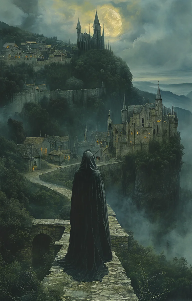 masterpiece,best quality,<lora:tbh163-sdxl:0.9>,illustration,style of Mike Worrall, Nazgul over sleeping town