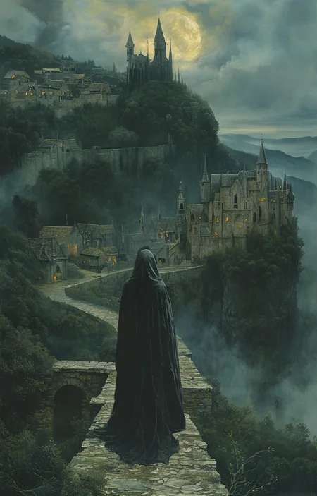masterpiece,best quality,<lora:tbh163-sdxl:0.9>,illustration,style of Mike Worrall, Nazgul over sleeping town
