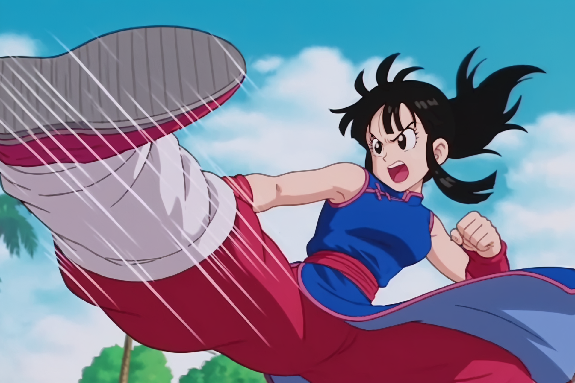 source_anime, score_9, score_8_up, score_7_up, anime screencap,8k, absurdres, 
chi-chi, 1girl, solo, open mouth, bangs, black hair, blue dress, ponytail, sidelocks, outdoors, sky, sleeveless, day, red pants, cloud, blunt bangs, black eyes, tree, blue sky, sleeveless dress, chinese clothes, cloudy sky, red wristband, china dress, palm tree, kicking, speed lines, (midair), incoming attack, looking at another, floating clothes, clenched hand, world martial arts tournament arena, shoe soles, red sash, white leg warmers, shoes, floating hair
 <lora:chichi_pony_v1:0.8>