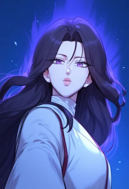 highly detailed, masterpiece, score_9,score_8_up,score_7_up, (manhwa artstyle), YooIseol, dark violet eyes, dark hair, long hair, martial art uniform, cowboy shot, looking at viewer, aura