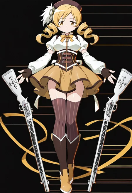 masterpiece, best quality, amazing quality, very aesthetic, absurdres, newest,shiny skin,, anime screenshot, xdive, anime coloring, black background, solo, full body, tomoe mami, yellow eyes, drill hair, twin drills, twintails, long hair, very long hair, blonde hair, hair ornament, breasts, large breasts, magical girl, brown hat, beret, corset, detached sleeves, puffy sleeves, gloves, ribbon, bow, bowtie, yellow ribbon, miniskirt, pleated skirt, yellow skirt, zettai ryouiki, vertical-striped clothes, vertical-striped thighhighs, brown thighhighs, Musket, standing