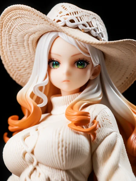 score_9, score_8_up, score_7_up, score_6_up, 1girl, orange hair, white hair, multicolored hair, long hair, curly hair, green eyes, large breasts, white thick knit sweater, crochet cowboy hat, black background, <lora:crochet_cowboy_hat_pony_v1.1:0.9>