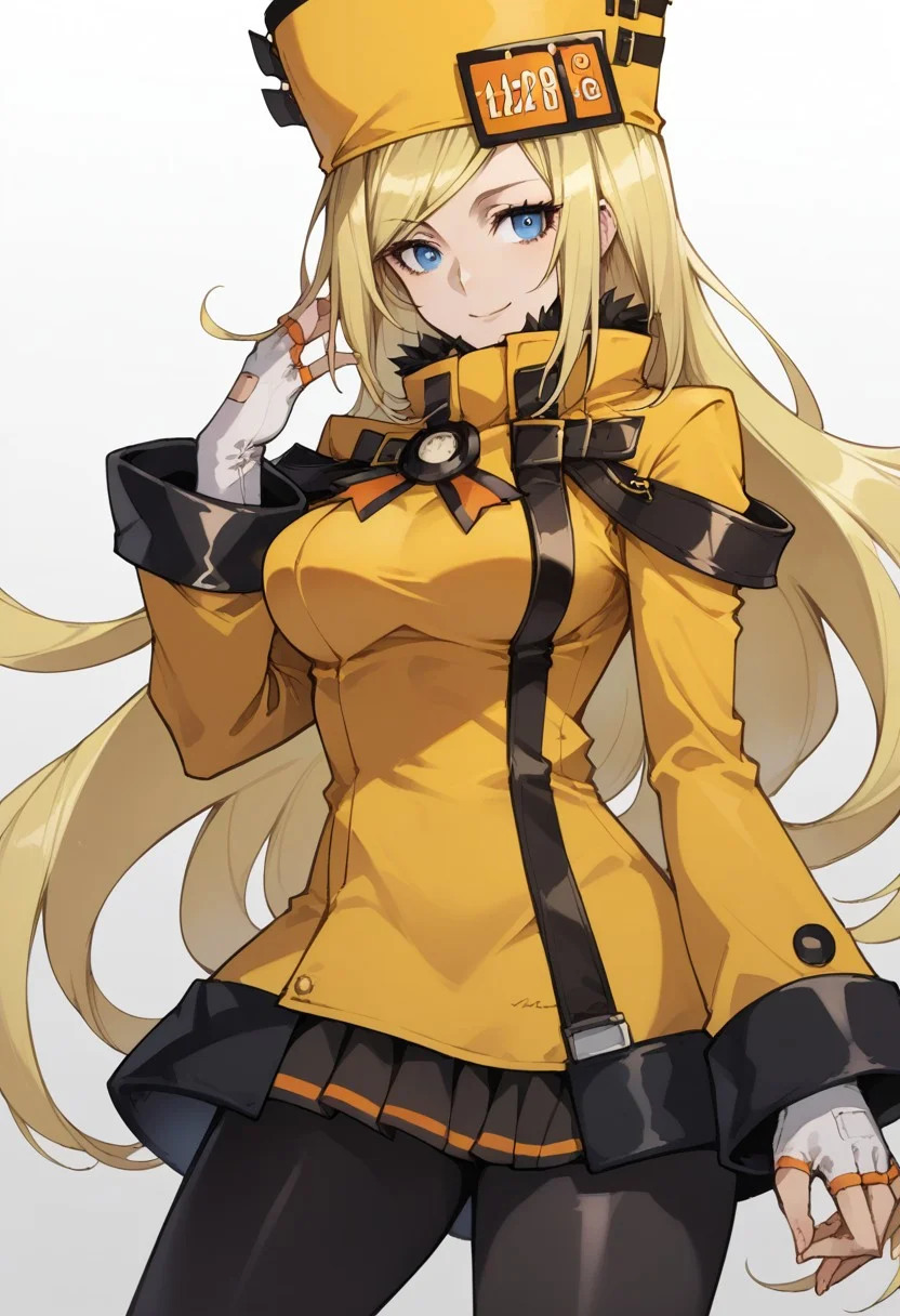 score_9, score_8_up, score_7_up, source_anime, good anatomy, solo, 1girl, 1girl, solo, MilliaRageXrd, blonde hair, very long hair, blue eyes, short yellow dress with black trim, high collar, military uniform, license plate, yellow hat with black trim, ushanka, white gloves, belts, pantyhose, sleeves past wrists, shoes, standing, contrapposto, smiling, breasts suppress