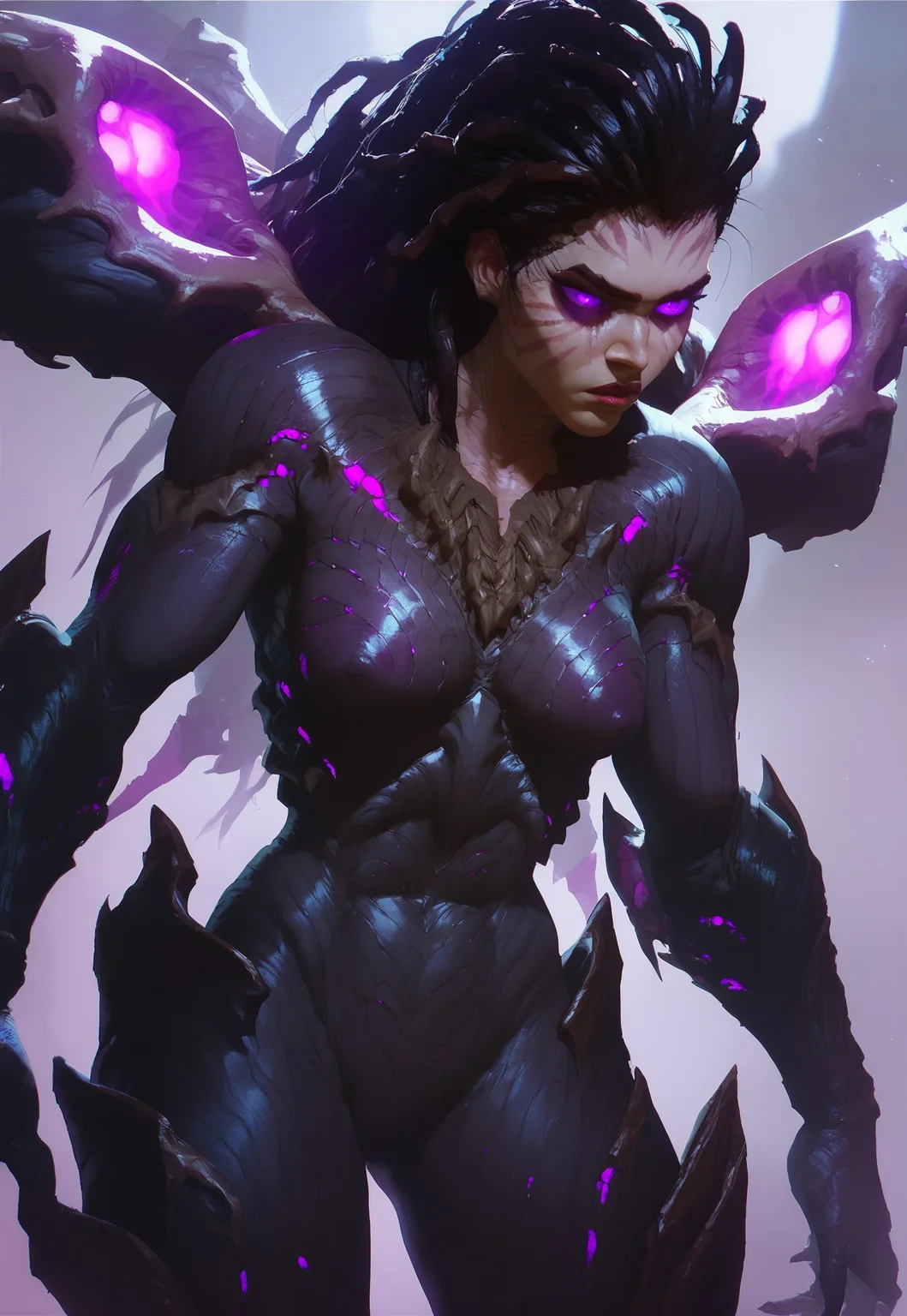 score_9, score_8_up, score_7_up, Kerriganxl, female, long hair, dreadlocks, toned, black hair, big breasts, translucent eyes, bone wings, armor, bodysuit, kaisa armor, purple eyes, facial marks, 

