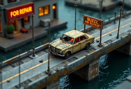 microworldlora.
image of small bridge from the top with a demolished car in the middle and a Big sign that says "BUZZ FOR REPAIR", old cars, that connect to part of a city day time, water under the bridge, a small fire inside the car, Big sign that says "BUZZ FOR REPAIR"