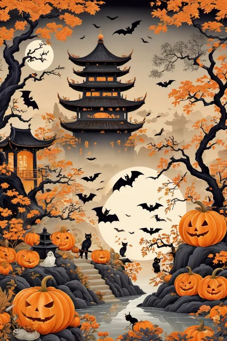 Adorable, Cute Halloween themed Chinoiserie, fantastical oriental scene, Chinese inspired, stylized nature, Halloween motif, exuberant decoration, asymmetry, gilding, lush garden scenery, extravagant scenery, chinoiserie, playful, whimsical, Halloween elements,