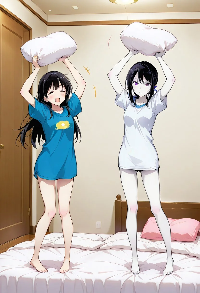 score_9, score_8_up, score_7_up, score_6_up, score_5_up, 2girls, both very tiny woman, super cute, super small breasts, very petite, white pale skin, having a pillow fight, standing, fighting, pillow feathers slowly falling all over the room, white sheets, girls room, joy, happiness, carelessness, both wearing long very loose t-shirts,