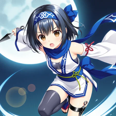 <lora:Ishikawa_Yae_1_nai-000033:1>,Ishikawa Yae,
blue hairband,hair bow,blue bow,ninja,japanese clothes,blue scarf,single thighhigh,detached sleeves,bandages,kunai,long sleeves,wide sleeves,white kimono,thigh holster,blue obi,short kimono,red ribbon,ribbon trim,green ribbon,fingerless gloves,ainu clothes,
BREAK
1girl,solo,holding kunai,holding,slashing,night,full moon,knee up,spread arms,serious,open mouth,depth of field,lens_flare,simple background,leaning forward,huge moon,