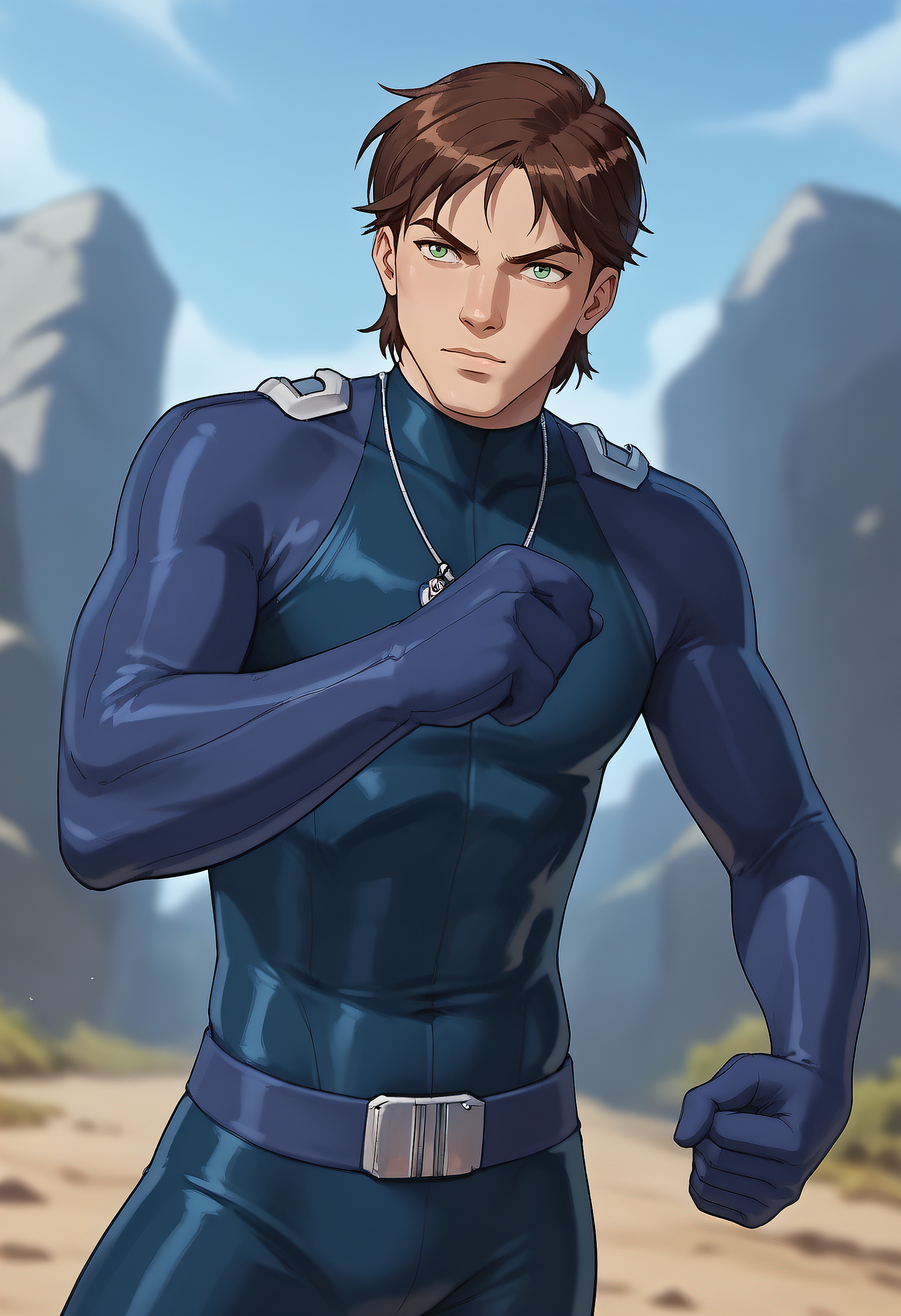 embedding:Pony\Positive\zPDXL3, score_9, score_8_up, score_7_up, 1boy, male focus, solo, dean_ts!, brown hair, green eyes, bodysuit, dark blue catsuit, fighting stance, dynamic angle, dynamic pose, raised eyebrows, depth of field, best quality, high resolution, masterpiece.