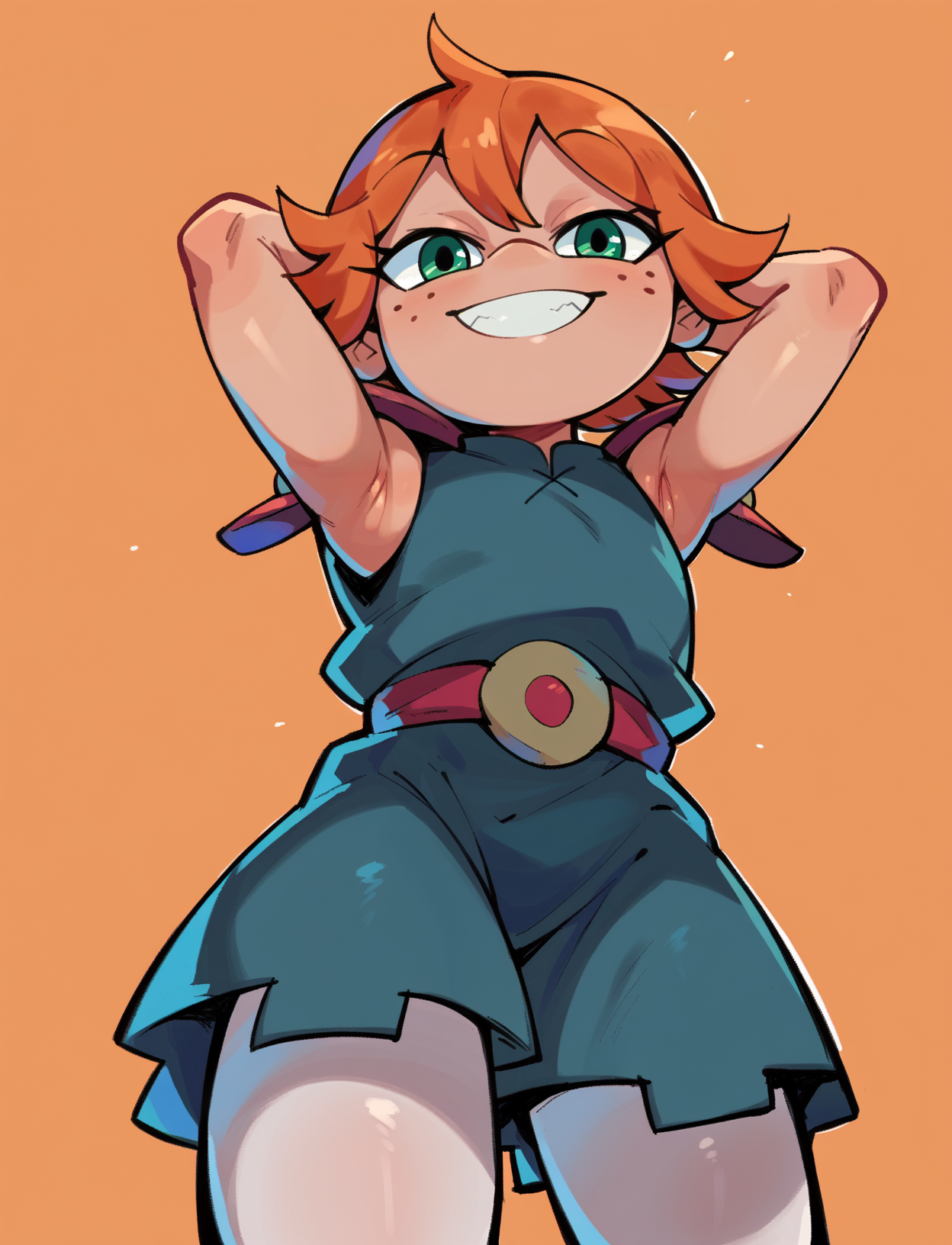 score_9, score_8_up, score_7_up, score_6_up, score_5_up, 1girl, <lora:Higgs:1> higgs, orange hair, freckles, green eyes, shoulder pads, looking at viewer, smile, standing, arms behind head, [thick thighs, ] (((bare arms ))) tunic, skirt, from below, close-up, solo, looking at viewer,
<lora:Khyleri_EXL:0.7> simple background, <lora:greatm8Pony_locon_e16:0.3> orange background,
