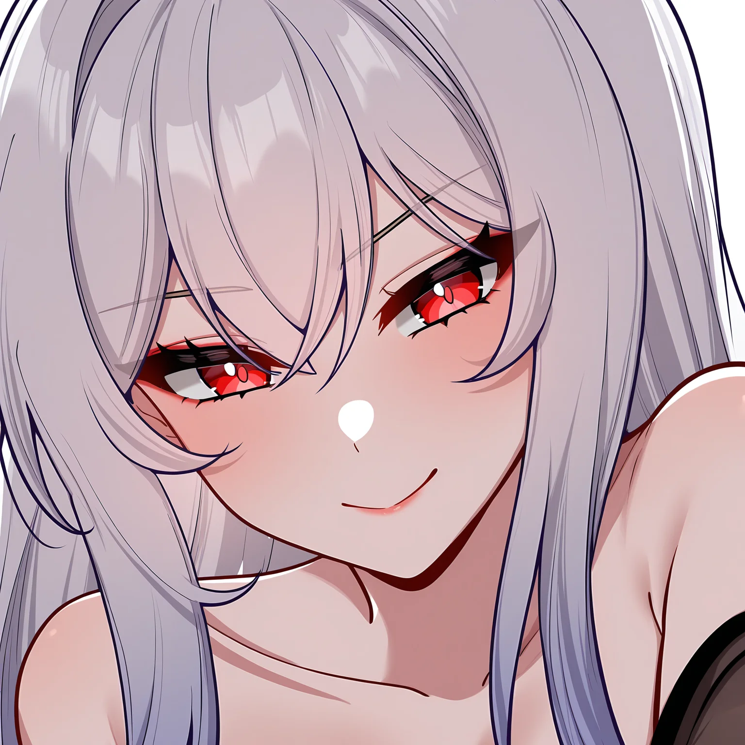 masterpiece,best quality,newest,absurdres,highres,<lora:noobai_ep11_stabilizer_v0.138_fp16:0.8>,tang_xin,long hair,red eyes,silver hair,long hair,<lora:Tang_Xin4:1>,breasts,seductive_smile,