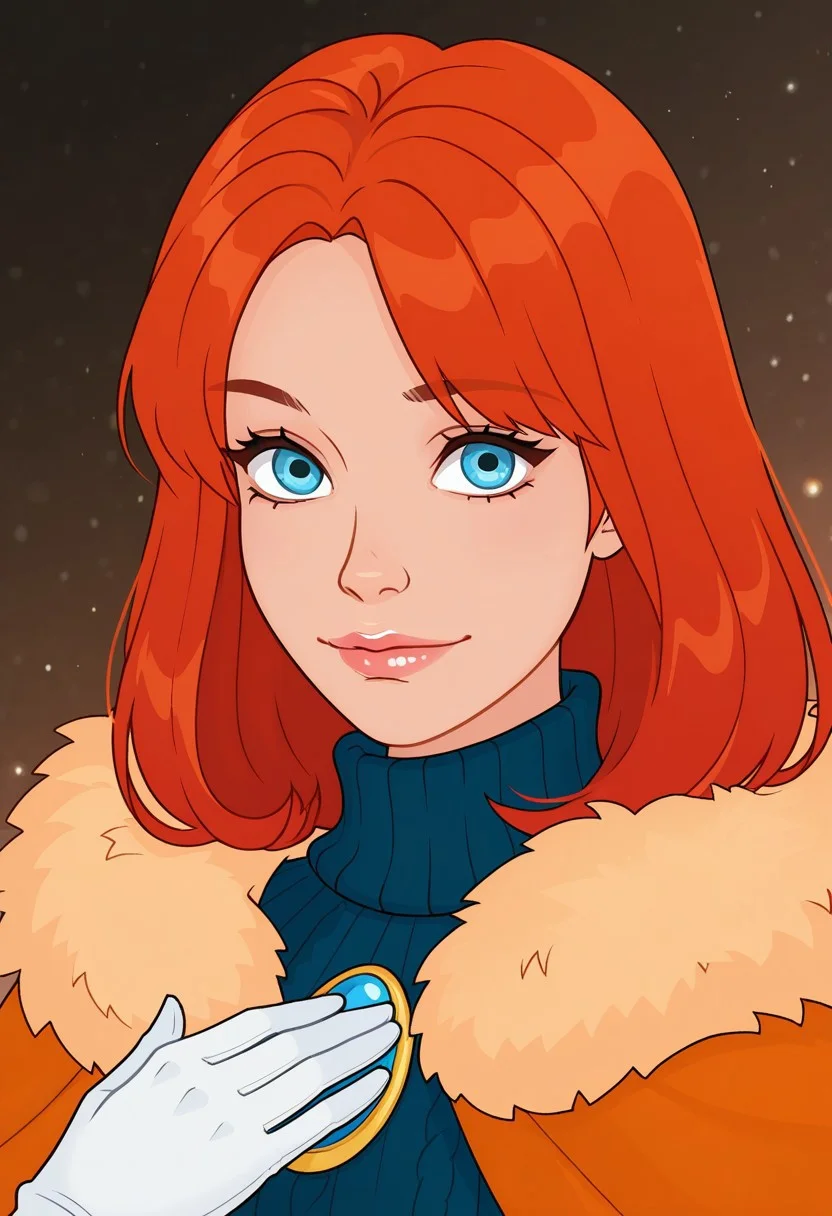mnfvadim,
1girl, solo, portrait, bangs, lips, orange hair, medium hair, blue eyes, parted bangs, light smile, gloves, white gloves, looking at viewer, brooch, light particles, fur trim, hand on own chest, hand up, winter clothes, cape, fur-trimmed jacket, turtleneck, orange cape, blue sweater, gem, sweater, blue gemstone