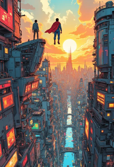 ff-enhance, ff-comic, A superhero wearing a vibrant costume is floating in the air and overlooking a futuristic city from afar. They are a guardian. The city that has withstood the ravages of time. Ephemeral and haunting, chaotic but peaceful. The city represents an ideal. Darker grittier outlines., people and objects in the image are proportionately scaled.