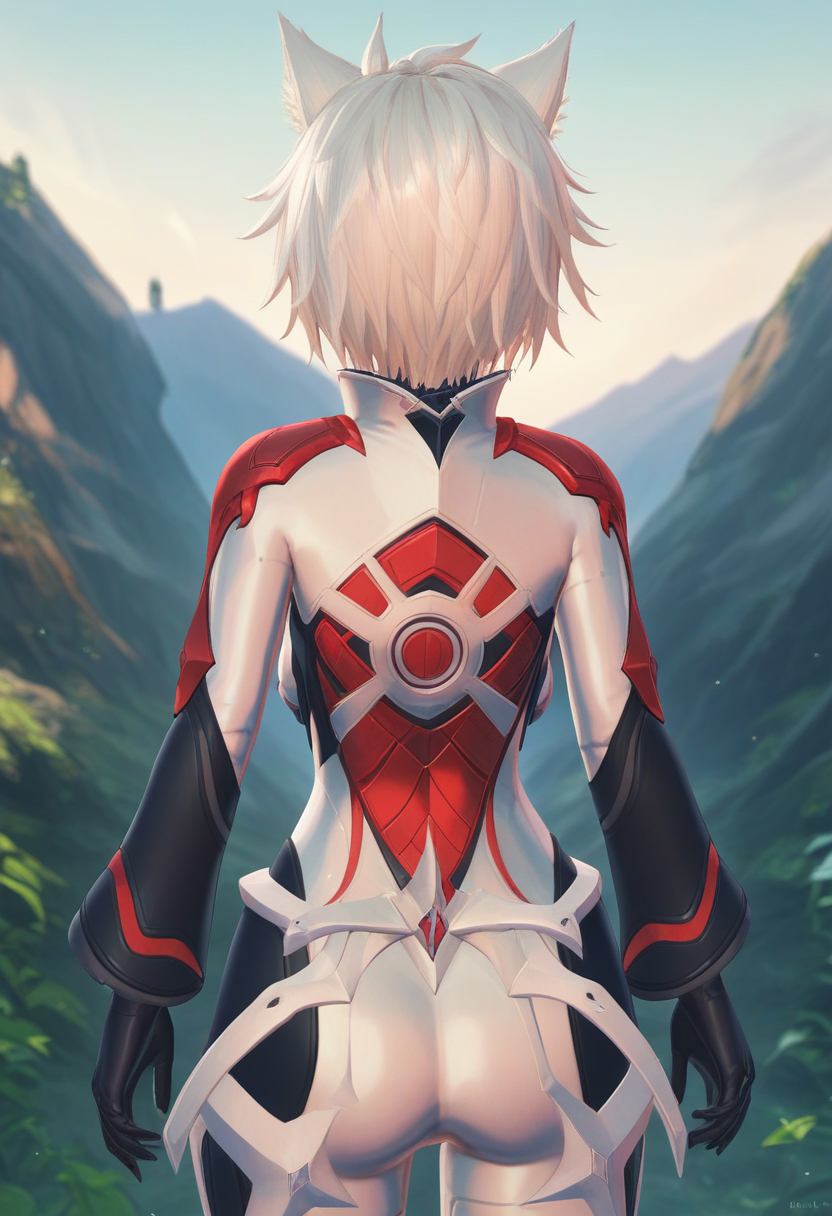 score_9, score_8_up, score_7_up, 1girl, solo, facing away, multicolored bodysuit, bodysuit sleeves, bodysuit gloves, messy hair, na'el, outdoors<lora:nael xl 033 fro 95:1>