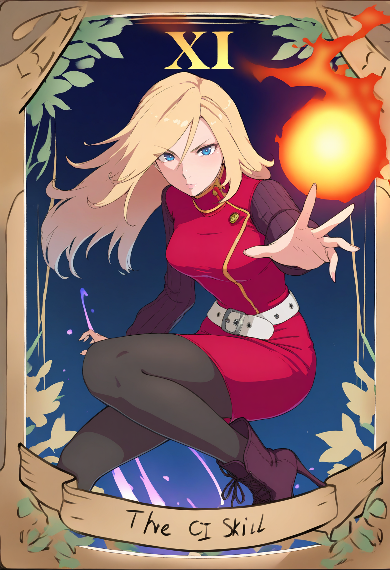 masterpiece, best quality, 1girl, tarot \(medium\), <lora:YokoCV-illu:1> yokoCV, blonde hair, long hair, blue eyes, red dress, pencil dress, medium breasts, turtleneck, long sleeves, sweater, white belt, black pantyhose, ankle boots, high heel boots, casting spell, fireball, looking at viewer