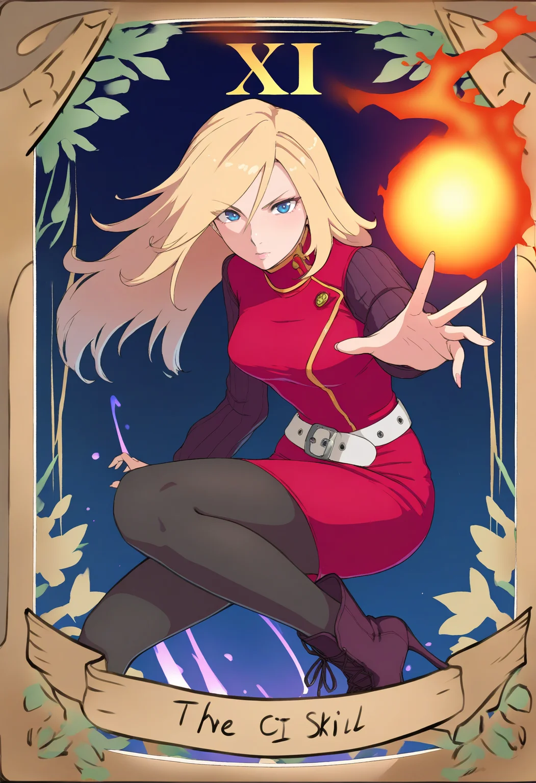 masterpiece, best quality, 1girl, tarot \(medium\), <lora:YokoCV-illu:1> yokoCV, blonde hair, long hair, blue eyes, red dress, pencil dress, medium breasts, turtleneck, long sleeves, sweater, white belt, black pantyhose, ankle boots, high heel boots, casting spell, fireball, looking at viewer
