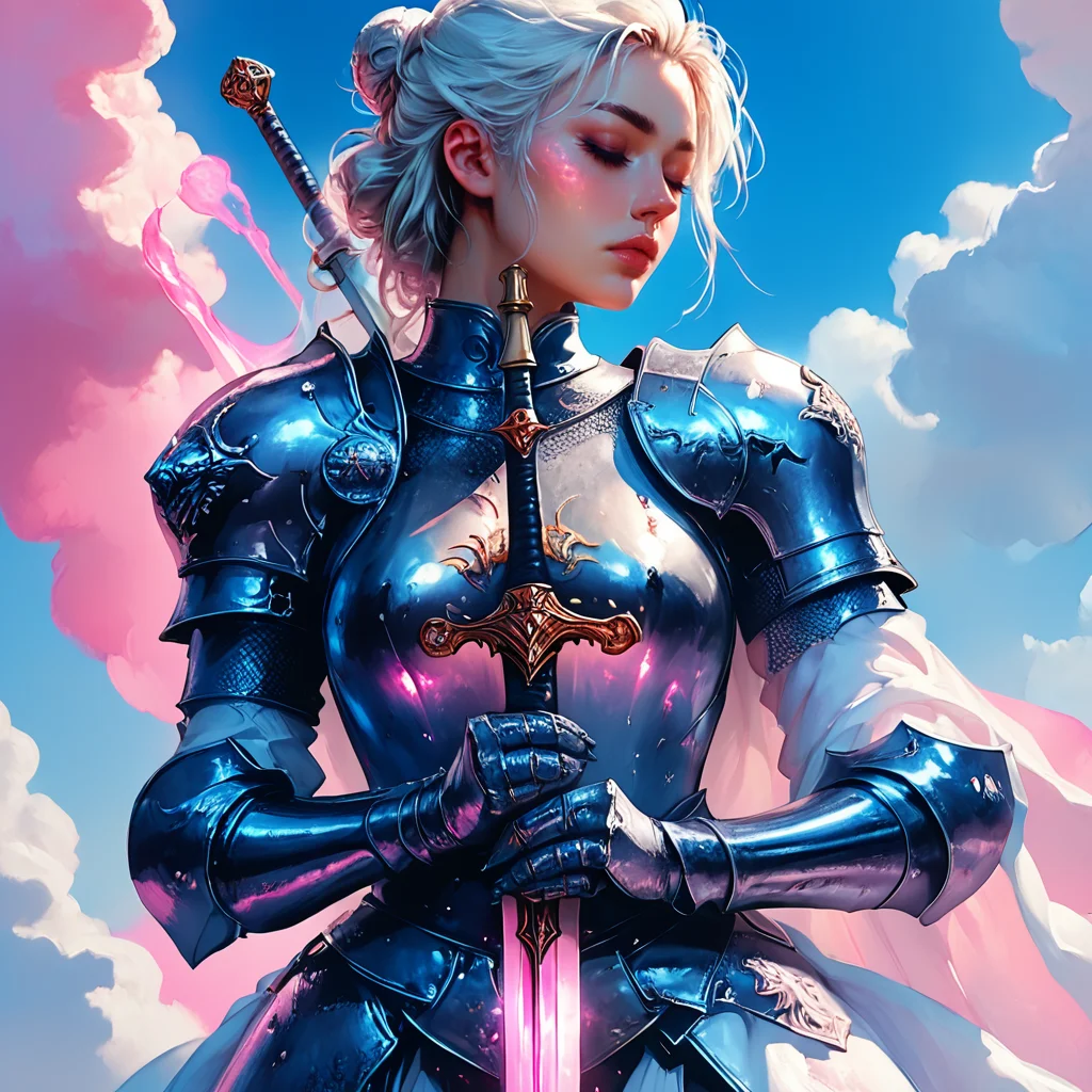 score_9, score_8_up, score_7_up, <lora:VaporwavePonyV2:1> ArsMJStyle, Vaporwave, knight, 1girl, weapon, sword, armor, solo, closed eyes, holding weapon, holding, holding sword, white hair, shoulder armor, gauntlets, long hair, hair bun, lips, cloud, pauldrons, breastplate, single hair bun, glowing weapon