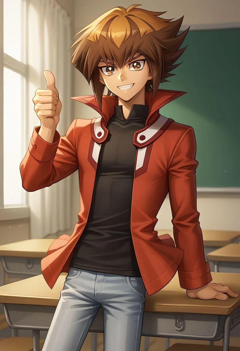 score_9, score_8_up, source_anime, highly detailed, 1boy, solo, slender,
jaden, 1boy, solo, male focus, duel academy uniform (yu-gi-oh! gx), brown hair, brown eyes, jacket, black shirt, red jacket, pants, thumbs up, shirt, multicolored hair, open clothes, smile,
indoor, school, classroom,
