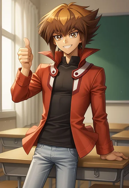 score_9, score_8_up, source_anime, highly detailed, 1boy, solo, slender, 
jaden, 1boy, solo, male focus, duel academy uniform (yu-gi-oh! gx), brown hair, brown eyes, jacket, black shirt, red jacket, pants, thumbs up, shirt, multicolored hair, open clothes, smile,
indoor, school, classroom,