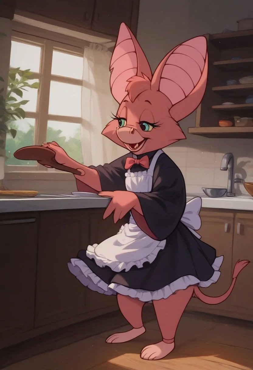 score_9, score_8_up, score_7_up, score_6_up, score_5_up, score_4_up, detaied background, indoors, appartments.
Bat girl, anthro bat, bat ears, bat nose, bat tail, one tail, feral bat feet, feral bat legs, Fixglove, wearing black Maid outfit, solo, standing, smile face, cleaning the kitchen, (rich house kitchen:1,4), indoors