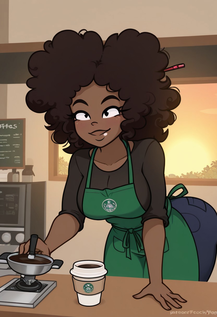 ,high res, extremely detailed, beautiful lighting,EXTREME CLOSEUP,beautiful eyes, beautiful skin, feckles,sunset, greenery,cafe, coffee equipment, counter,indoors, 1female (blushed, dark skinned female), barista, green apron, black shirt, hair pin, curly hair, brunette), dark blue pants,dynamic angle, distracted,happy, extreme closeup, smiling eyes, cowboy shot, serving coffee, coffee cup,