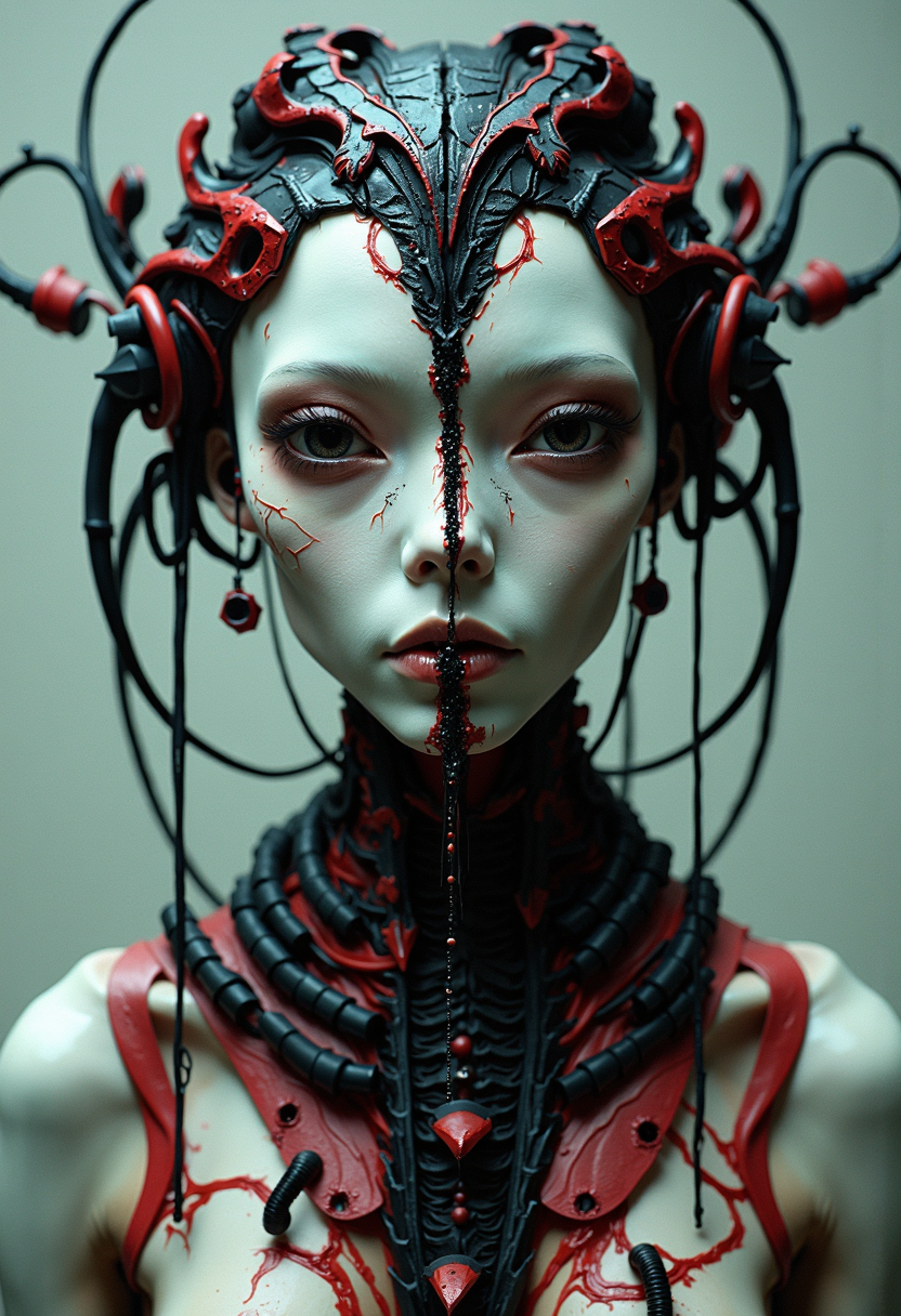 The image depicts a highly stylized and otherworldly portrayal of an individual, with sharp contrasts between the dark colors dominating their features against a muted background. The figure's skin is pale white, almost porcelain-like in texture, which serves as a stark backdrop for the striking black and red details that adorn them.
Starting from above, we see what appears to be elaborate headgear or perhaps even mechanical extensions integrated into this individualâs skull structure. These components are predominantly dark with hints of red accents, suggesting an intricate design possibly connected to advanced technology or a sophisticated alien biology. The eyes convey intensity; they're narrow and deep-set, creating a penetrating gaze that draws the viewer in.
The central feature is what seems like a spinal-like structure extending down from their head through the middle of their face towards their chest. This dark column stands out against the light skin tone, almost as if it were a lifeline or vital organ for this being.
Additionally, we notice an array of black and red adornments that drape across their upper body like necklaces made up of various beads, shapes, and possibly metallic elements. These accessories add to the enigmatic aura surrounding the figure, hinting at a culture rich in tradition or ritualistic practices.
Overall, this image exudes a sense of mystery and otherness, presenting an intriguing visual that invites speculation about the origins, purpose, and context of these unique features within their existence.