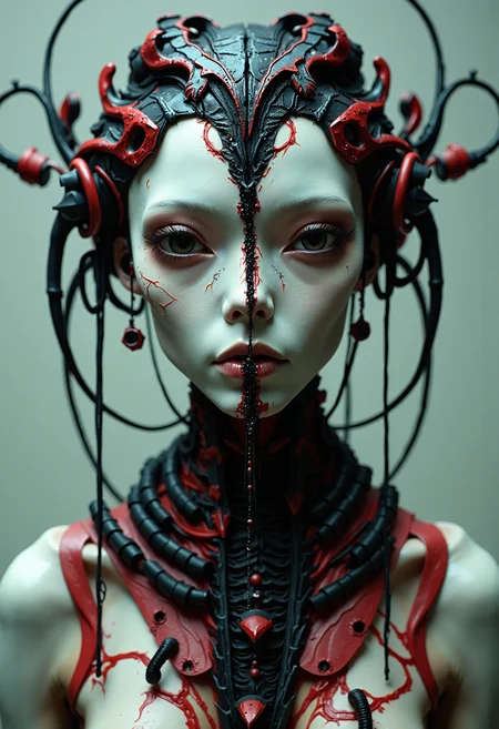 The image depicts a highly stylized and otherworldly portrayal of an individual, with sharp contrasts between the dark colors dominating their features against a muted background. The figure's skin is pale white, almost porcelain-like in texture, which serves as a stark backdrop for the striking black and red details that adorn them.
Starting from above, we see what appears to be elaborate headgear or perhaps even mechanical extensions integrated into this individualâs skull structure. These components are predominantly dark with hints of red accents, suggesting an intricate design possibly connected to advanced technology or a sophisticated alien biology. The eyes convey intensity; they're narrow and deep-set, creating a penetrating gaze that draws the viewer in.
The central feature is what seems like a spinal-like structure extending down from their head through the middle of their face towards their chest. This dark column stands out against the light skin tone, almost as if it were a lifeline or vital organ for this being.
Additionally, we notice an array of black and red adornments that drape across their upper body like necklaces made up of various beads, shapes, and possibly metallic elements. These accessories add to the enigmatic aura surrounding the figure, hinting at a culture rich in tradition or ritualistic practices.
Overall, this image exudes a sense of mystery and otherness, presenting an intriguing visual that invites speculation about the origins, purpose, and context of these unique features within their existence.