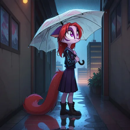 Dreamkeepers,Indi_and_Digo,1girl,solo,furry,tail,source_furry,,red hair,purple fur, purple eyes,masterpiece,
kid, child,
rain, umbrella, long_hair, school_uniform, wet_clothes, raindrops, soft_smile, looking_up, melancholic, cozy, reflection_in_puddle, warm_lighting, cityscape, detailed_background, holding_umbrella, boots, peaceful, gentle_atmosphere