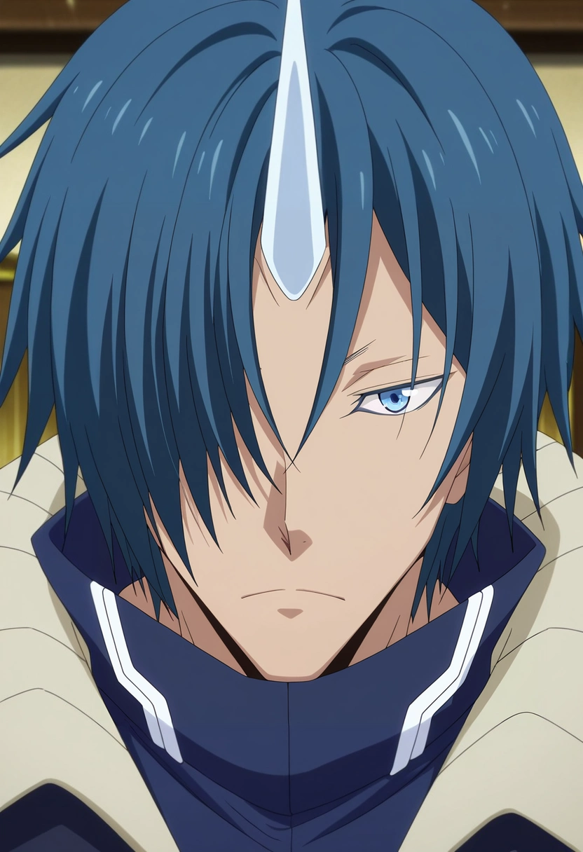 masterpiece, best quality, , anime screencap, anime coloring, official style, looking at viewer, 1boy, solo, male focus, <lora:souei_tensura_ilxl:0.9>, souei_tensura, blue hair, blue eyes, hair over one eye, single horn, , ,