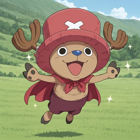 best quality, amazing quality, very aesthetic, absurdres, newest, masterpiece, Solo, 2d, 1boy, 2 fingers, OPChopper, male, brown fur, reindeer, antlers, light red top hat, white X on hat, maroon shorts, blue nose, black eyes, animal ears on hat, red cape
BREAK happy, open mouth smile, outside, outdoors, day, in the air, sparkles, flying, happy, open mouth smile, confident