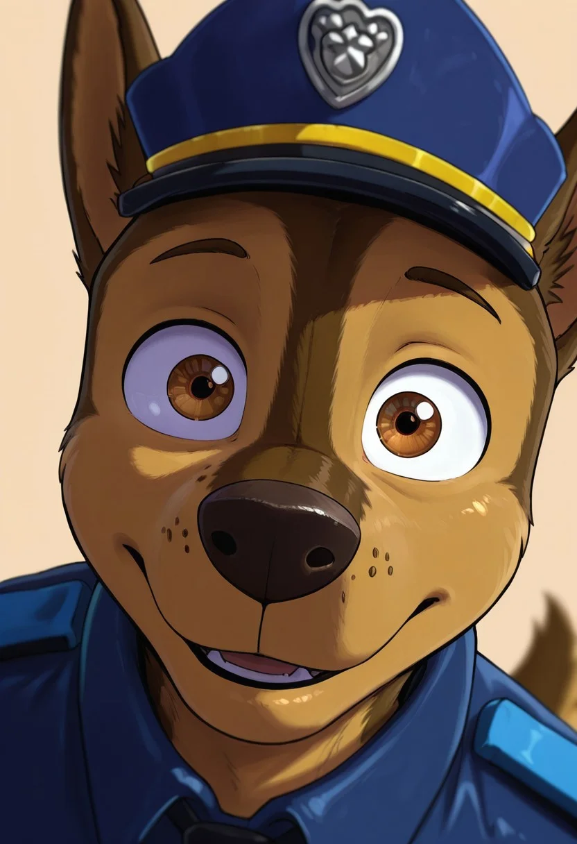 masterpiece, best quality, amazing quality, very aesthetic, absurdres, newest, high quality, detailed, high quality, detailed, solo male, yamathegod, Chase, german shepherd, dog boy, brown fur, brown eyes, tail, furry, anthro, 1boy, furry, police uniform, police hat,
Expressive cute face, foreshortening, looking at
viewer, shiny skin, simple plain background,
portrait, shadow, dutch angle, dynamic angle,
dynamic action, atmospheric perspective, intricately
detailed, depth of field