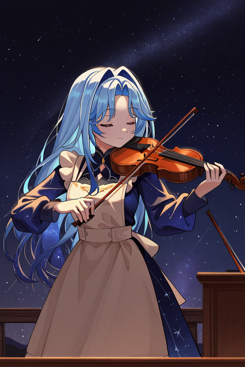 masterpiece, best quality, amazing quality,
 <lora:Lango_IL:1> lango, 1girl, violin, music, solo, playing instrument, closed eyes, instrument, dress, long hair, apron, star (sky), virtual youtuber, holding, hair intakes, blue hair, starry sky, long sleeves