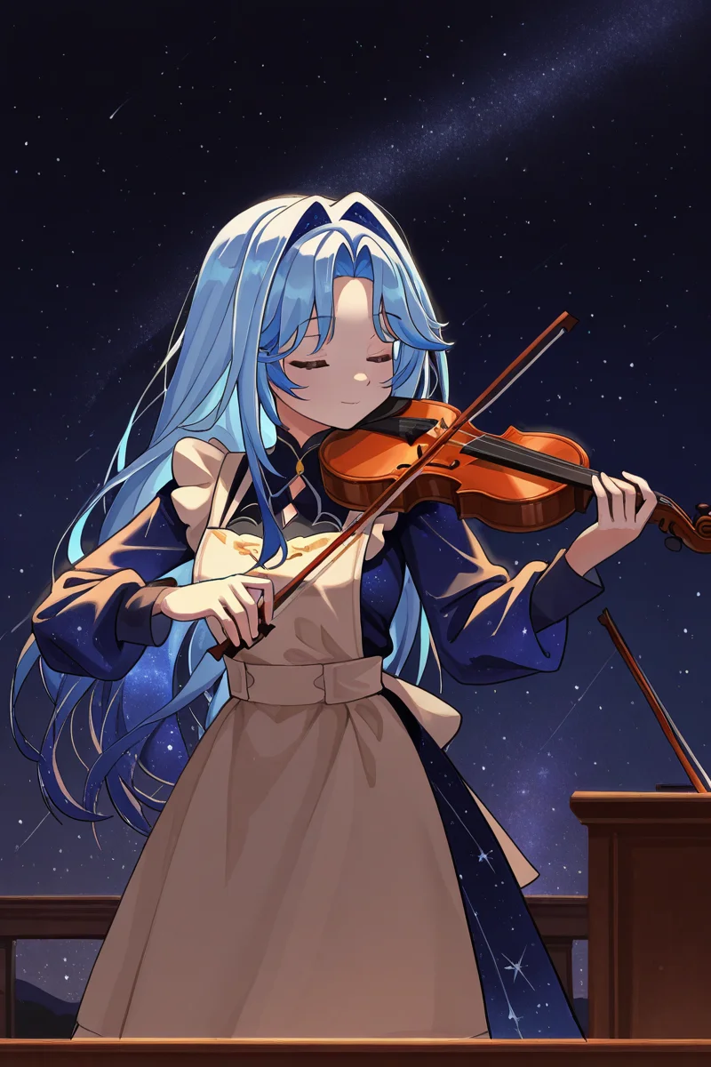 masterpiece, best quality, amazing quality,
<lora:Lango_IL:1> lango, 1girl, violin, music, solo, playing instrument, closed eyes, instrument, dress, long hair, apron, star (sky), virtual youtuber, holding, hair intakes, blue hair, starry sky, long sleeves