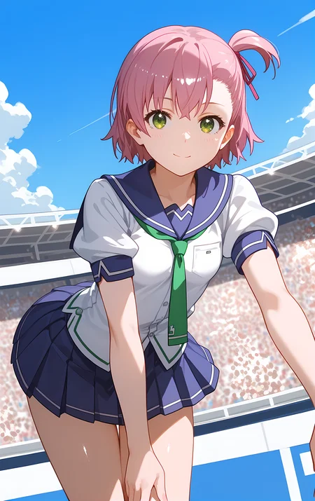 (score_9, score_8_up, score_7_up), standing, leaning forward, looking at viewer, light smile, closed mouth, shiny skin, tight clothes,
ohwx, 1girl, solo, green_eyes, small_breasts, ribbon, hair_ribbon, short_hair, one_side_up, pink_hair, pink_ribbon, side_ponytail,
school_uniform, serafuku, skirt, pleated_skirt, zettai_ryouiki, necktie,
colosseum,
cowboy shot, dutch angle, close-up,
 <lora:uruchi_minaya_pony_ss:1>