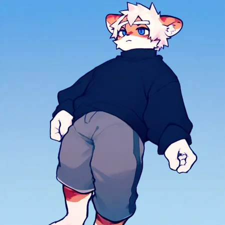score_9_up, score_8_up, score_7_up, source_furry, atlyssstyle, low poly, milkytiger, tiger ears, tiger boy, white eyebrows, blue eyes, 1boy, solo, black sweater, gray shorts