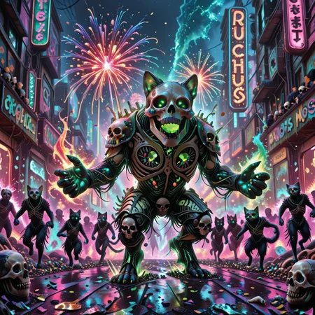 cf_style, skullthemeXL, neon mutation lights, bone confetti, rave chaos, cartoon realism, stylized crowd motion,
(Multiple mutant cats), dancing wildly under a radioactive rain, each wearing skull masks or bone armor with glowing patterns.
Floats shaped like colossal feline skulls pass by, shooting colored fireworks made of femurs and neon sparks.
Background is a ruined post-apocalyptic city overrun with mossy bones and glowing graffiti.
Exploding lights create vibrant silhouette effects, stylized chaos and rhythmic crowd flow. High energy color palette and exaggerated motion poses.