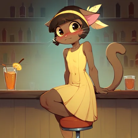 score_9, score_8_up, score_7_up, score_6_up, score_5_up, score_4_up, score_9, score_8_up, solo, 1girl, ovypep, petite, dark skin, anthro cat, whiskers, small ears, slender tail, cute face, yellow dress from the 20's,yellow headband with feather, sitting down on bar stool by the bar, looking at you, embarrassed, shy, , dark room, low light, <lora:Ivypepper:1> <lora:xl_more_art-full_v1:1> <lora:more_details:1> <lora:Photo 2 Style SDXL_LoRA_Pony Diffusion V6 XL:1> <lora:ugly_style:-1>