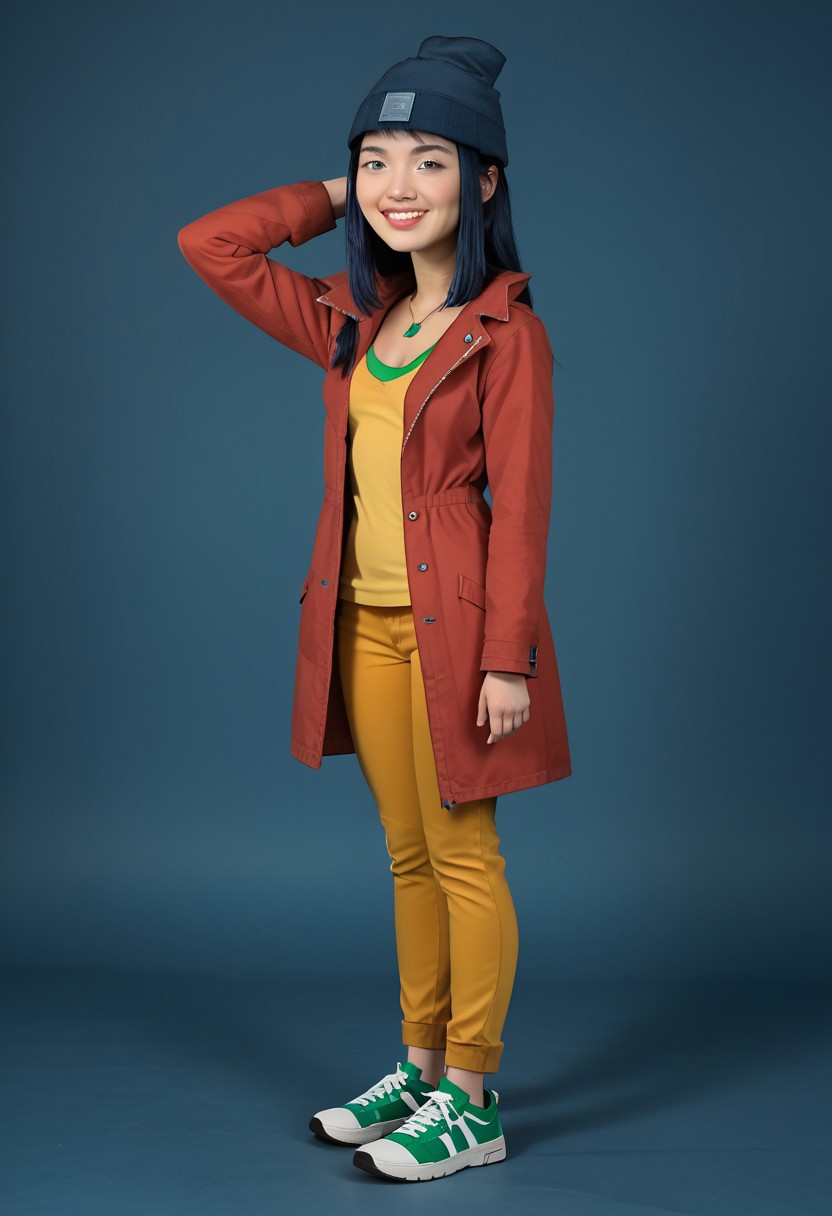 score_9, score_8_up, score_7_up, score_6_up, score_5_up, score_4_up, Expressiveh, BREAK, RAW, 8k, source_real, masterpiece, high quality,  strong shading, strong lighting,
mk, tdreboot, chinese, beanie, dark blue hair, lips, red coat, yellow shirt, black pants, sneakers, show accurate, solo, 1girl, 30 years old, lidded eyes,  seductive, different haircut, nylnft, jewelry, lips, show accurate:1.1, cleavage, medium breasts, indoor, grin,  side view,  arm behind head,
  full body visible, perfect anatomy, sultry, slender hips, overactive hips, seductive look, zPDXL3, nylnft,  seductive pose, seductive look, (sultry pose:1.6), watercolor \(medium\), traditional media, irl,  realistic style,