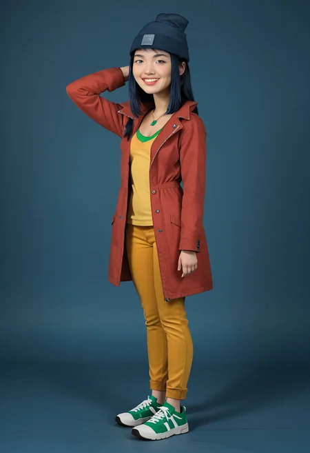 score_9, score_8_up, score_7_up, score_6_up, score_5_up, score_4_up, Expressiveh, BREAK, RAW, 8k, source_real, masterpiece, high quality,  strong shading, strong lighting,
mk, tdreboot, chinese, beanie, dark blue hair, lips, red coat, yellow shirt, black pants, sneakers, show accurate, solo, 1girl, 30 years old, lidded eyes,  seductive, different haircut, nylnft, jewelry, lips, show accurate:1.1, cleavage, medium breasts, indoor, grin,  side view,  arm behind head,
  full body visible, perfect anatomy, sultry, slender hips, overactive hips, seductive look, zPDXL3, nylnft,  seductive pose, seductive look, (sultry pose:1.6), watercolor \(medium\), traditional media, irl,  realistic style,