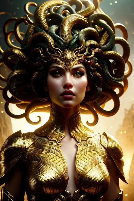 A young woman with intricate, serpent-entwined Medusa armor adorns her upper body, rendered in hyper-realistic detail, with soft, golden lighting accentuating the metallic scales and textures, set against a muted, dark background, with a shallow depth of field, emphasizing her determined gaze, in a cinematic, close-up composition, reminiscent of digital painting.