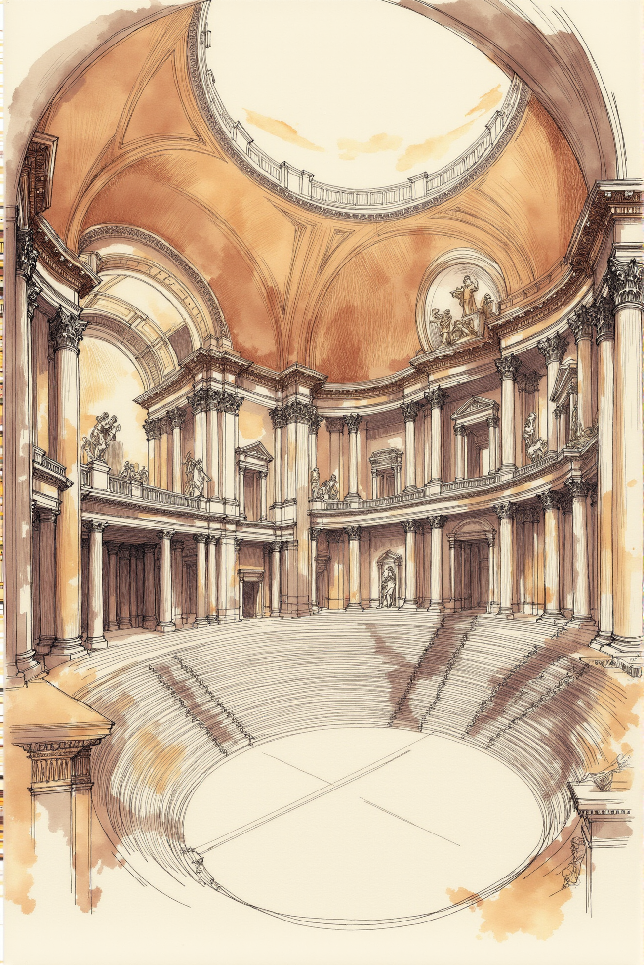 <lora:Watercolor_sketch_v.1:0.8> Watercolorsketch style. This masterful architectural sketch exudes classical grandeur, depicting a grand amphitheater or palace interior with an exquisite fusion of technical precision and expressive artistry. The composition is constructed with meticulously drafted perspective lines, guiding the eye through the vast, curvilinear space adorned with Corinthian columns, intricate archways, and statues poised in niches. The domed ceiling, rendered with elegant cross-hatching and subtle washes of sepia ink, suggests the interplay of light filtering through the monumental structure. Sweeping staircases and tiered seating, sketched with fluid yet disciplined linework, add a dynamic rhythm to the piece, enhancing the sense of depth and scale. Fine detailsâsuch as sculptural reliefs, decorative moldings, and architectural embellishmentsâare interwoven with gestural ink splatters and controlled watercolor washes, lending the artwork a timeless, almost ethereal quality. The delicate balance between structural rigor and artistic looseness captures the spirit of classical European architecture while imbuing the scene with a sense of movement and history. This drawing embodies both the analytical discipline of architectural drafting and the expressive spontaneity of ink and wash techniques, evoking a grand, bygone era of monumental design and artistic mastery.
