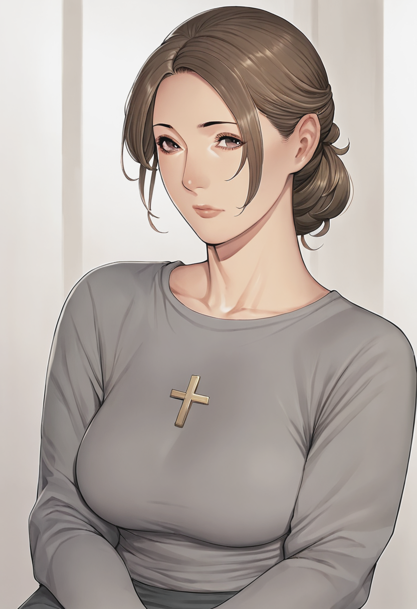 score_9, score_8_up, score_7_up, 1girl, mature_female, large_breasts, portrait, solo, Sitting cross-legged, from_behind, (Gray romper), Chestnut Brown hair, upper_body, rating_safe, <lora:pony\artist_styles\takasugi_kou_pony:1.0>