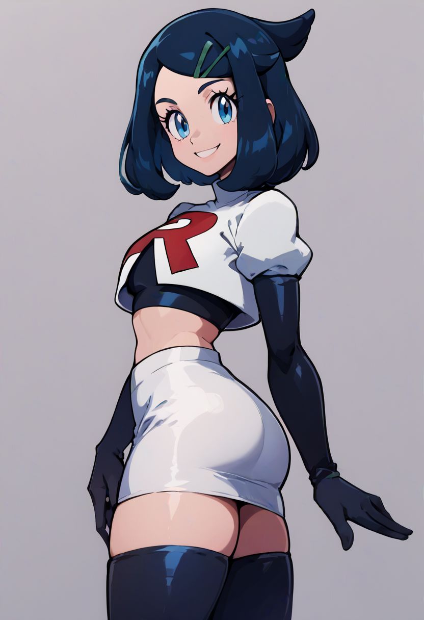 score_9, score_8_up, score_8, medium breasts, 
(curvy), cute, eyelashes, 
liko \(pokemon\),
blue hair, hair clip
Cosplay_TeamRocket, team rocket uniform, white jacket, cropped jacket, white skirt, elbow gloves, black thighhighs, zettai ryouiki,
 smile, looking at viewer, cowboy shot, contrapposoto, side view, ass,