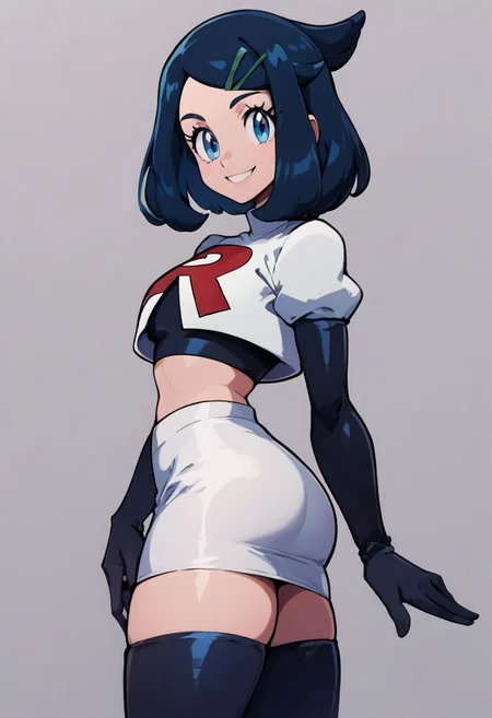 score_9, score_8_up, score_8, medium breasts,
(curvy), cute, eyelashes,
liko \(pokemon\),
blue hair, hair clip
Cosplay_TeamRocket, team rocket uniform, white jacket, cropped jacket, white skirt, elbow gloves, black thighhighs, zettai ryouiki,
smile, looking at viewer, cowboy shot, contrapposoto, side view, ass,