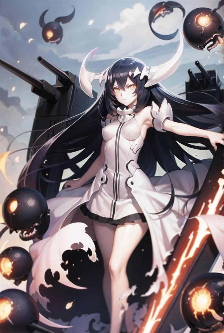best quality, anime illustration, Ornate promotional art, novel cover, anchorage water oni, abyssal ship, glaring, looking at viewer, standing, arms at side, 1girl, (colored skin, pale skin), long black hair, orange eyes, glowing eyes, white dress, enemy aircraft \(kancolle\), <lora:Anchorage Water Oni:1>