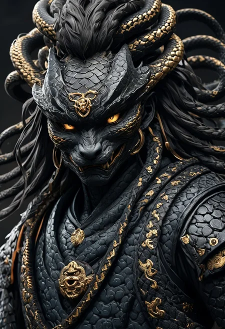 (stunning, magnificent, HD, photorealistic, samurai, medusa, dramatic lighting, intricate details, intricate armor, realistic snake hair, intense gaze, weapon, katana, hair composed of snakes, mythical, legendary, powerful, ((dark, evening)), cinematic, trending on ArtStation, (close-up))